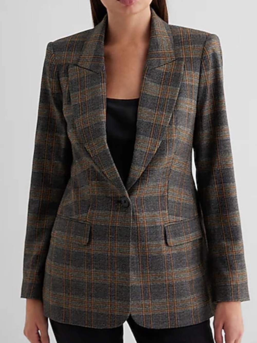 Express Gray Plaid Single-Button Blazer with Brown Accents